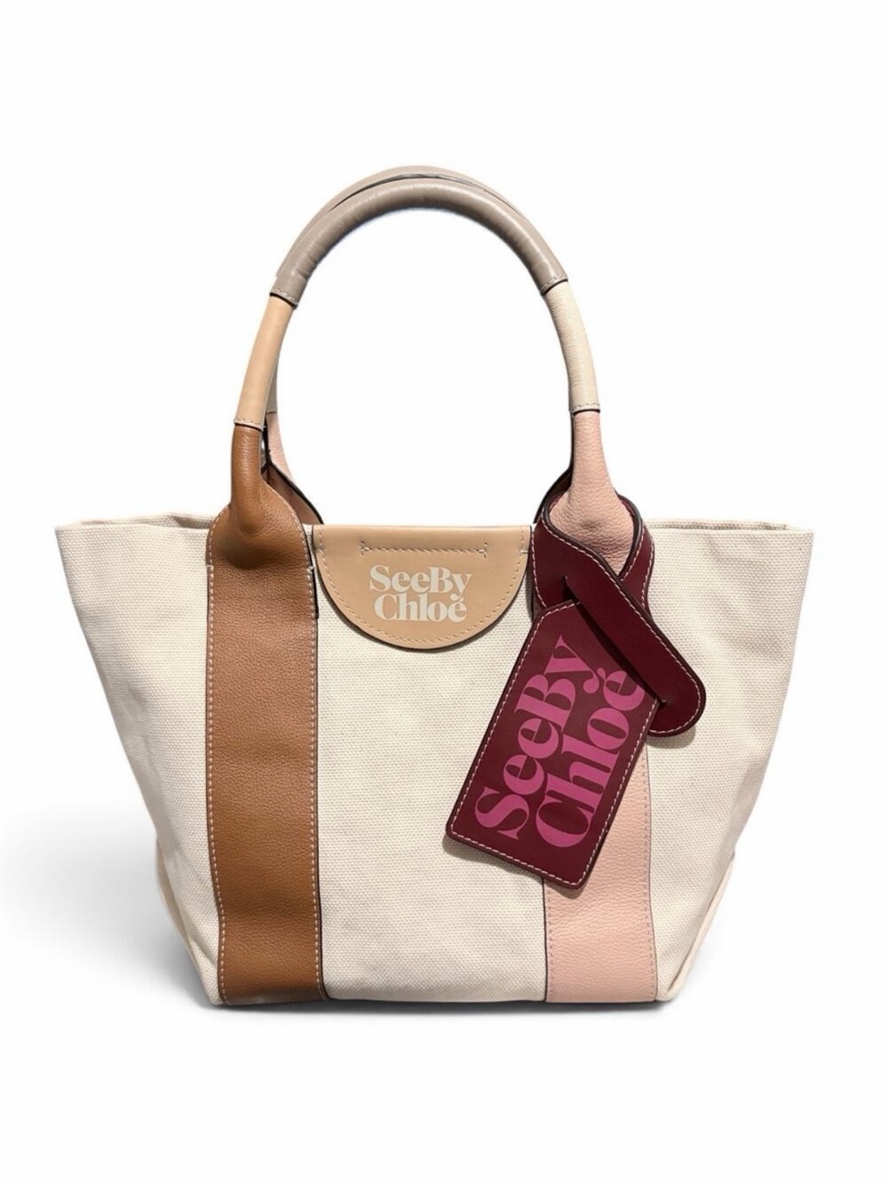 See by Chloé Ivory Canvas Tote Bag Tan Blush Leather Trim Dual Handle w/ COA